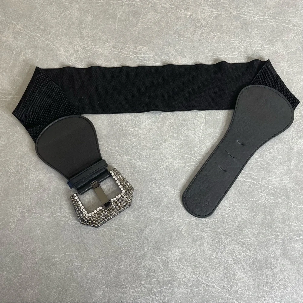 Wide Black Rhinestone Buckle Belt